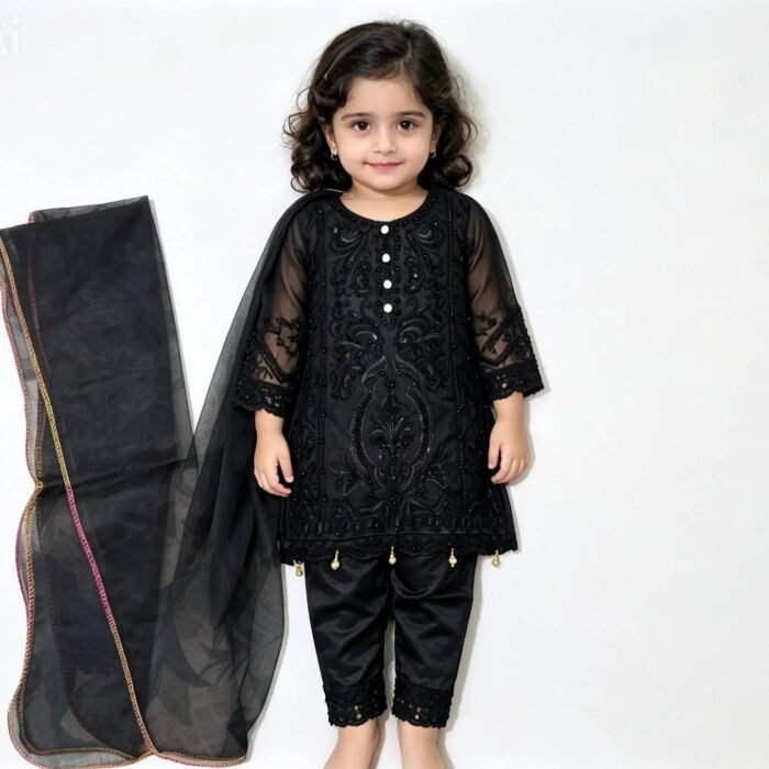 Toddler Girls Black Embroidered Ethnic Suit Set with Dupatta