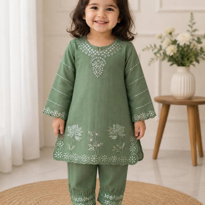 Toddler Girls Embroidered Kurta & Trouser Set – Sage Green