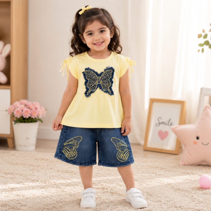 Toddler Girls Butterfly Top & Denim Shorts Co-ord Set