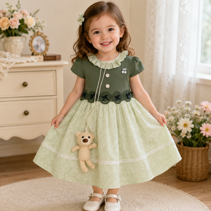 Toddler Girls Floral Party Dress – Olive Green & Sage
