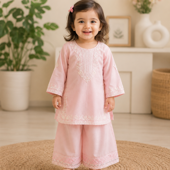 Toddler Girls Embroidered Kurta & Palazzo Set – Soft Pink Ethnic Outfit