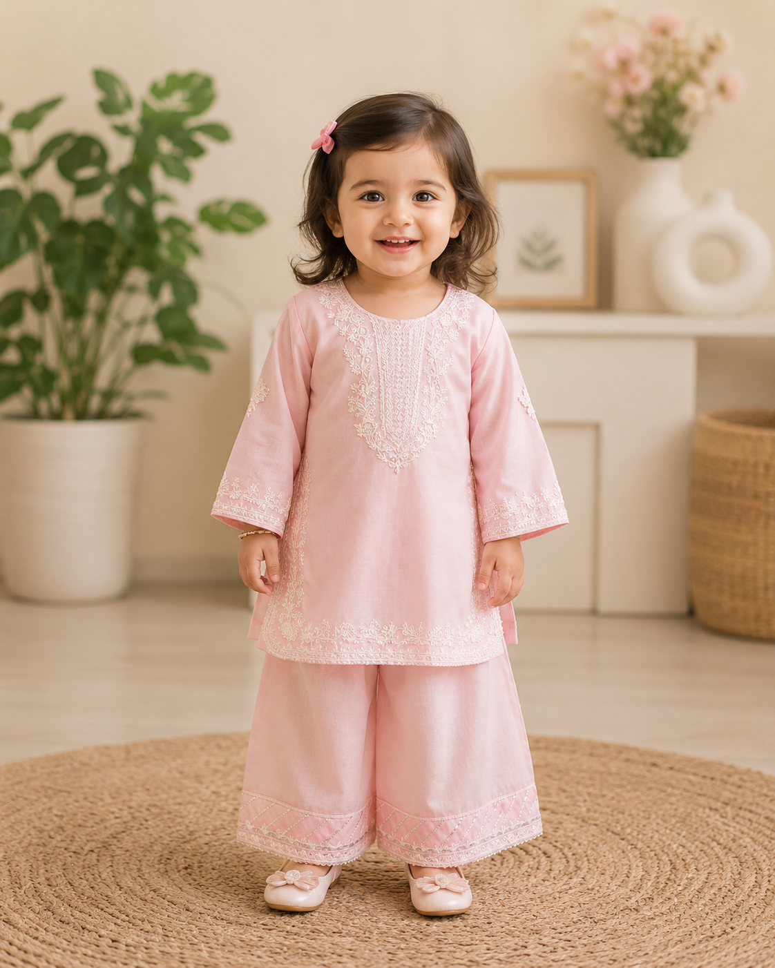 Toddler Girls Embroidered Kurta & Palazzo Set – Soft Pink Ethnic Outfit