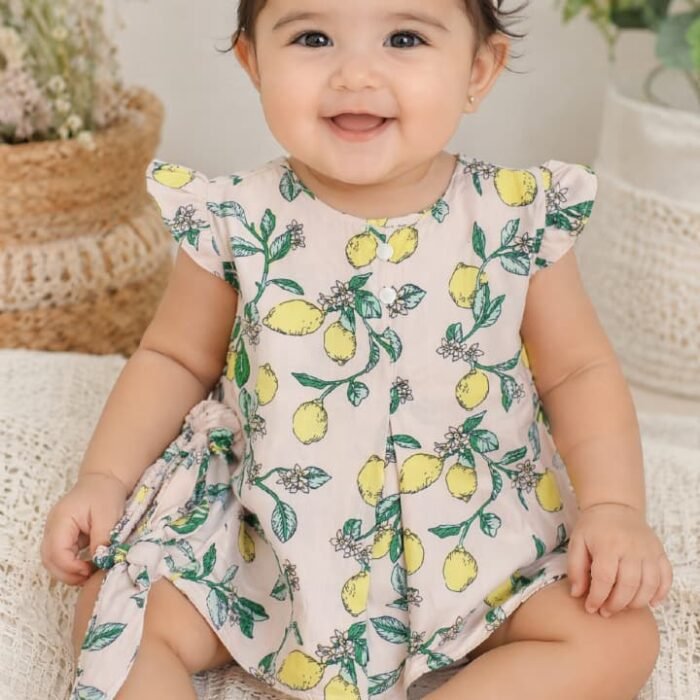 Baby Girls Lemon Print Romper Dress with Headband