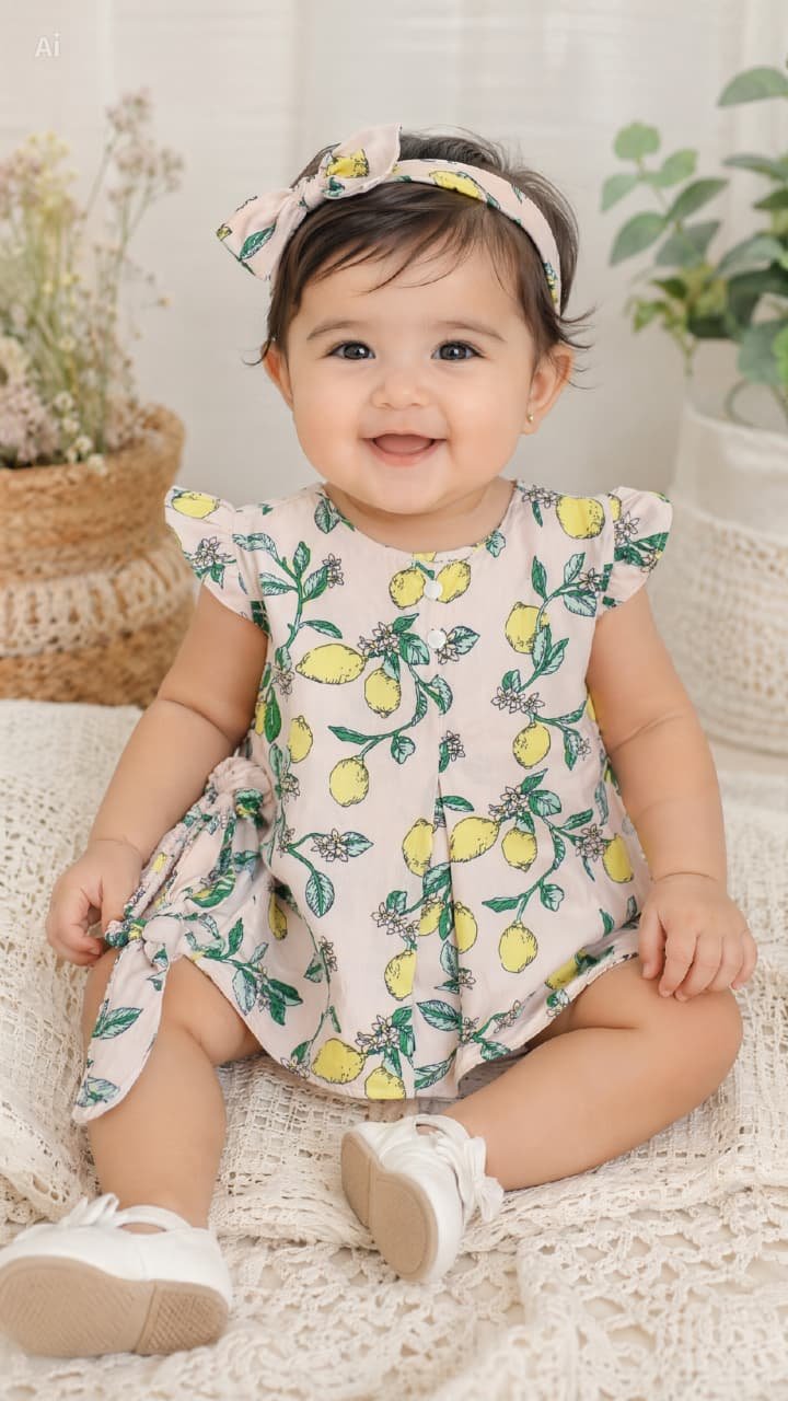 Baby Girls Lemon Print Romper Dress with Headband